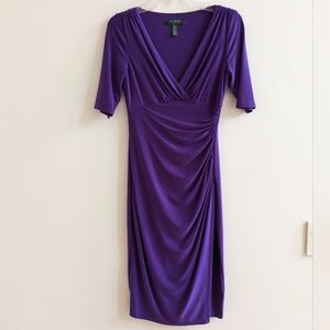 Ralph Lauren Purple Faux Wrap Dress Size 2 Drape Neck 1/2 Sleeves